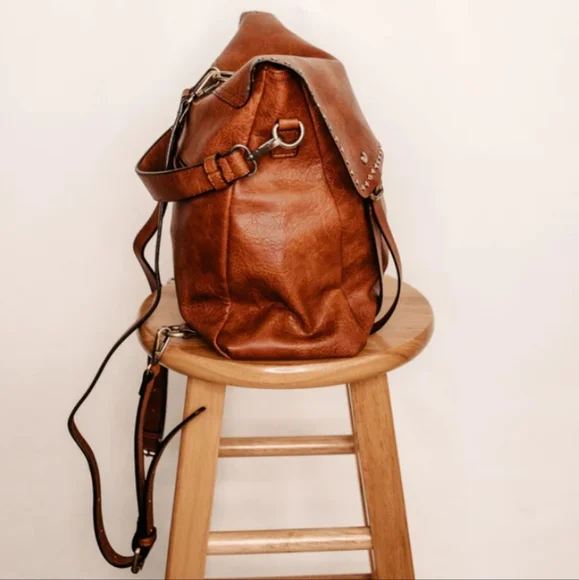 New! Camel Studded Vegan Leather Convertible Backpack Bag - Picture 3 of 6